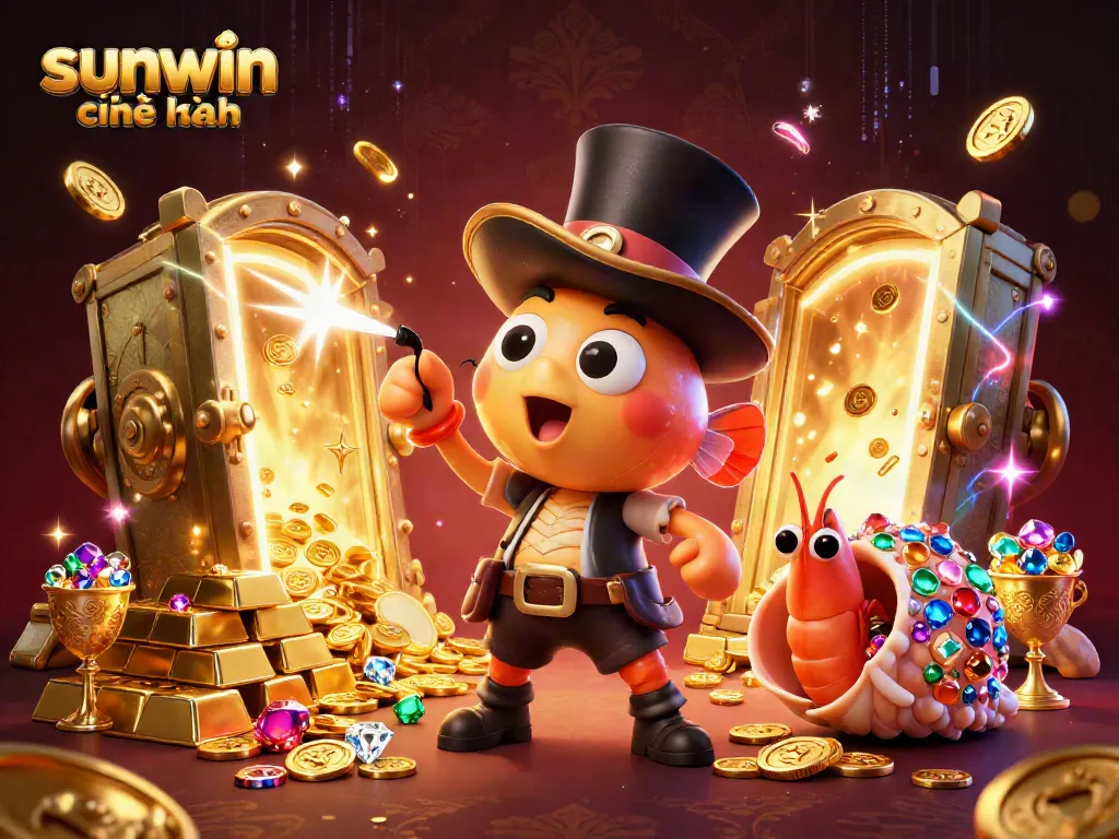 Play and win with sunwin chính hãng featuring a 3D anglerfish, pirate shrimp, and gem snail in a treasure scene.