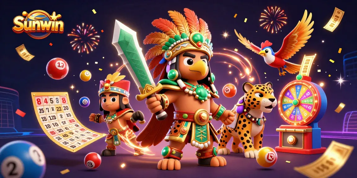 Experience the thrill of Sunwin with vibrant lottery elements and dynamic characters.