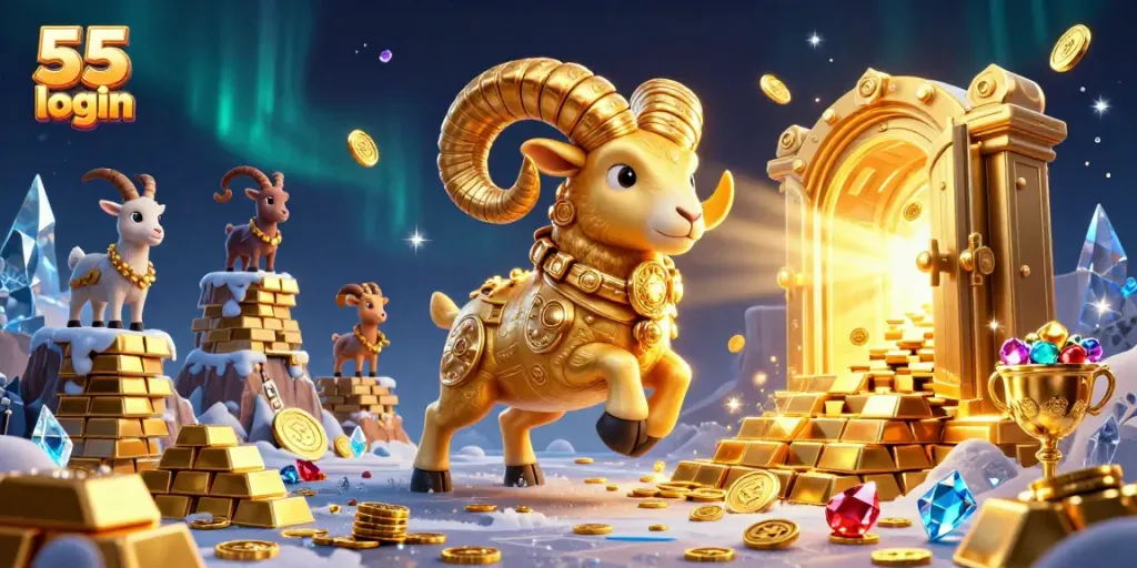 Experience thrilling gameplay with 55 club login, featuring a playful golden ram and rich casino treasures.