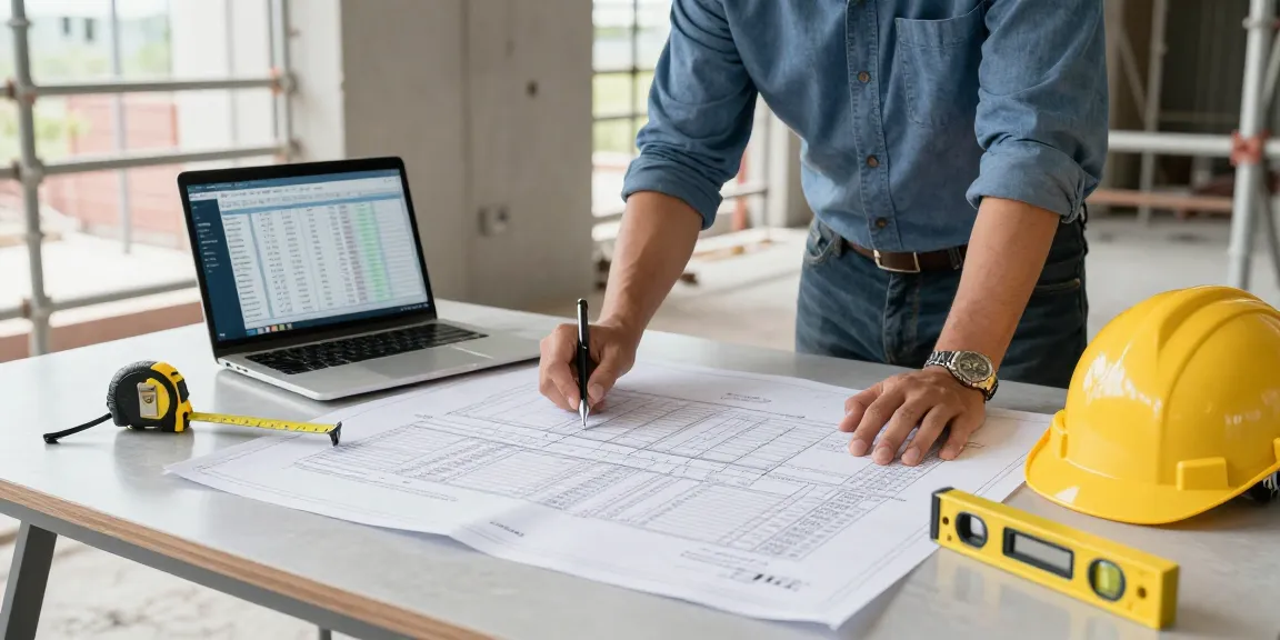 Professional quantity surveyor examining construction cost planning documents on site, ensuring precise estimates.