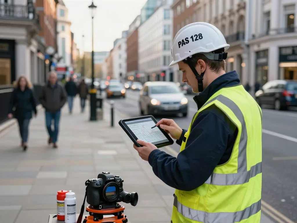 PAS 128 Survey London: Surveyor analysing underground utility data on a tablet in a busy urban setting.
