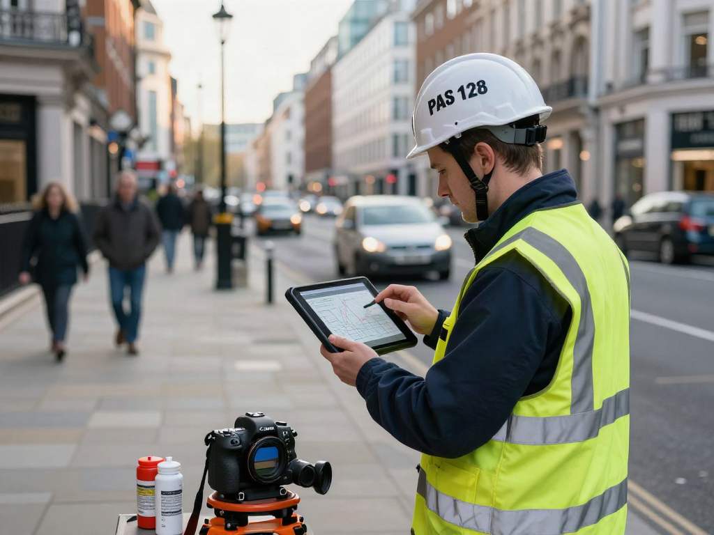 PAS 128 Survey London: Surveyor analysing underground utility data on a tablet in a busy urban setting.