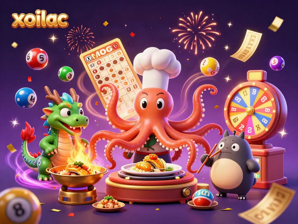 Xoilac live streaming platform featuring an exciting illustration of a sushi chef octopus preparing dishes with vibrant gambling-themed elements.