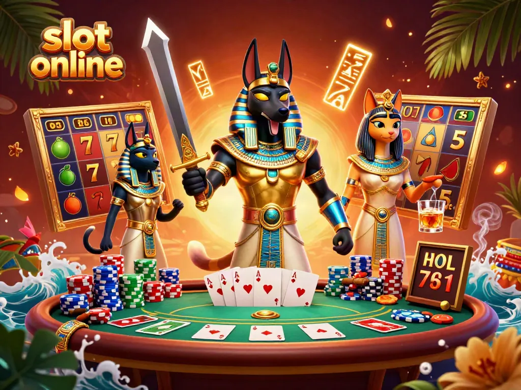 Engage with top slot online games in a vibrant scene of Anubis and Bastet with casino elements.