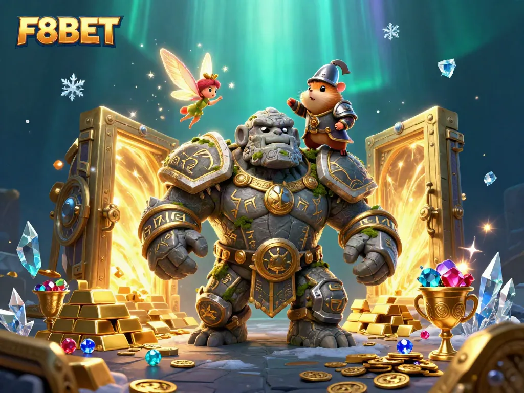 Experience the thrilling world of F8BET in a magical casino scene with treasure, vibrant gems, and enchanting characters.