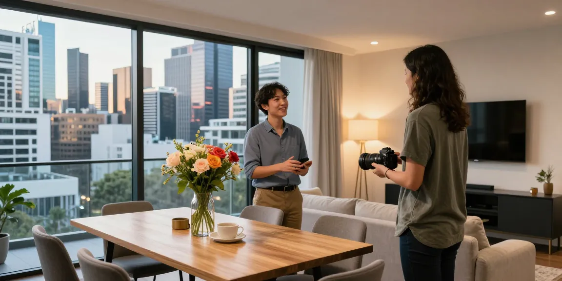 Professional Airbnb help in Melbourne, showcasing a local host welcoming a guest in a stylish apartment with city views.