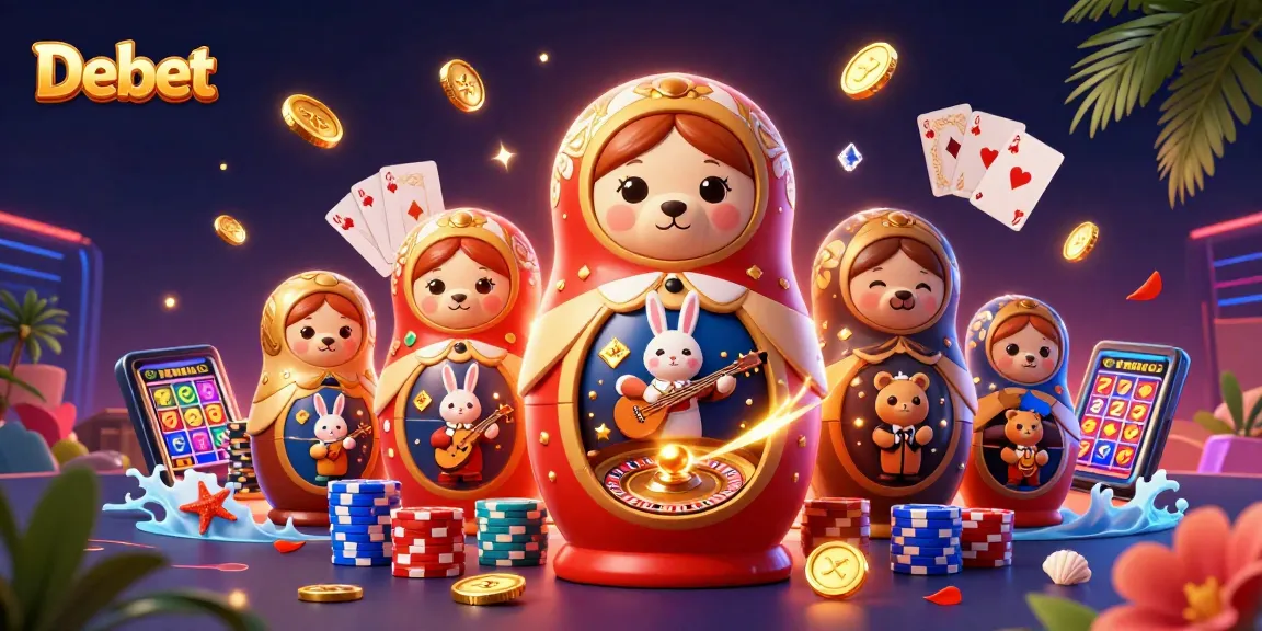 Place bets dynamically with Debet, featuring a vibrant casino scene of dealers and game elements.