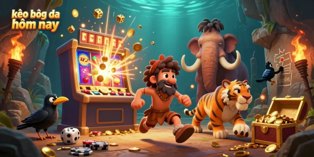 Bet on kèo bóng đá hôm nay with this vibrant prehistoric casino scene showcasing exciting elements.
