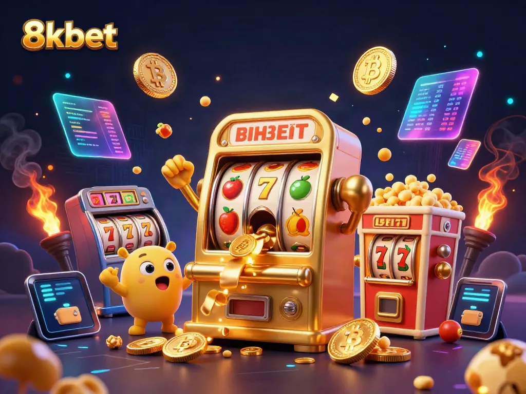 Experience the thrill of 8xbet as a golden slot machine hits a jackpot, showering coins around.