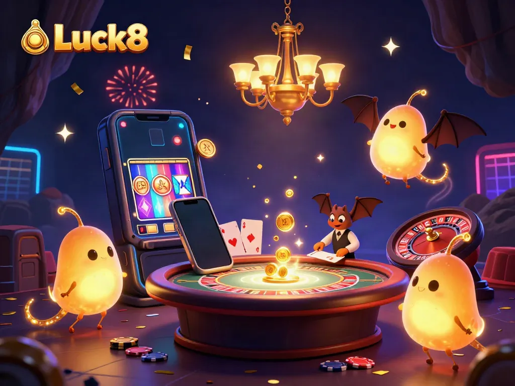 Luck8 glowworms illuminate a vibrant cave casino while celebrating with slot game excitement and vibrant confetti.