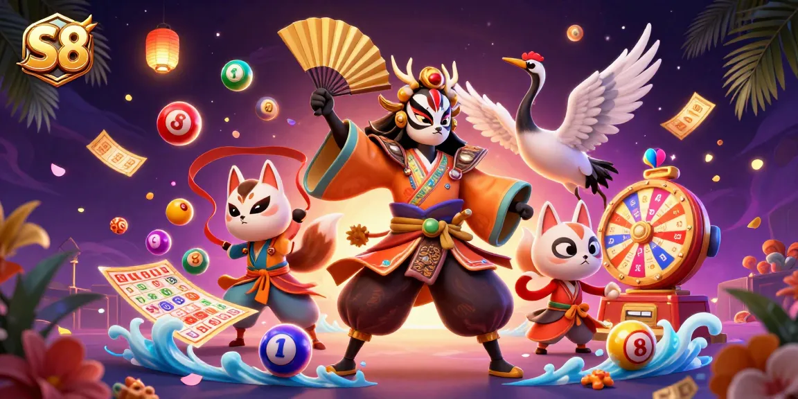 Experience thrilling gameplay at S8 with vibrant lottery elements and animated characters.