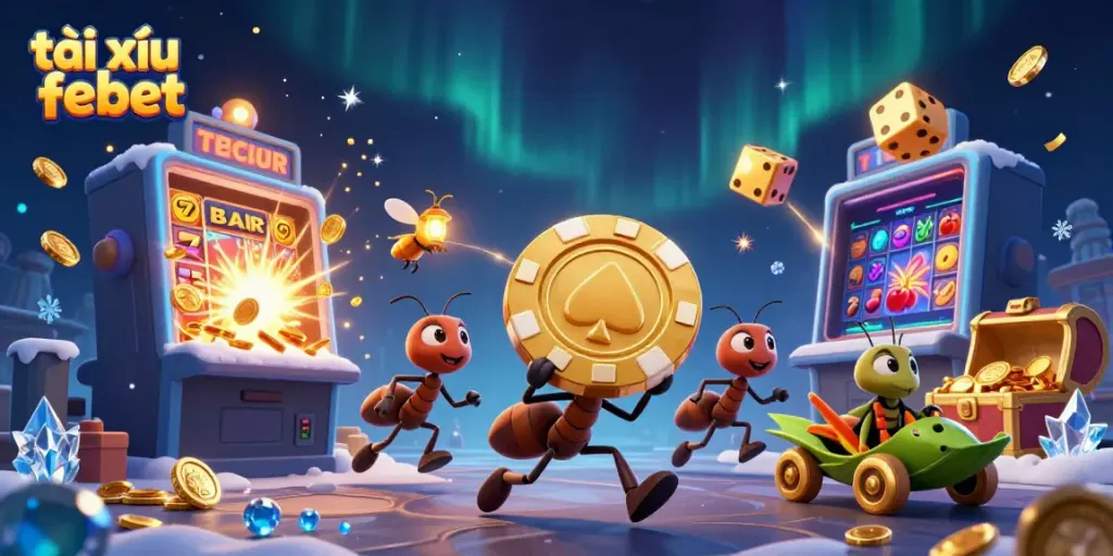 Engaging scene of a team of ants stealing a colossal poker chip in a vibrant gaming tunnel with lights and coins, showcasing tài xỉu febet