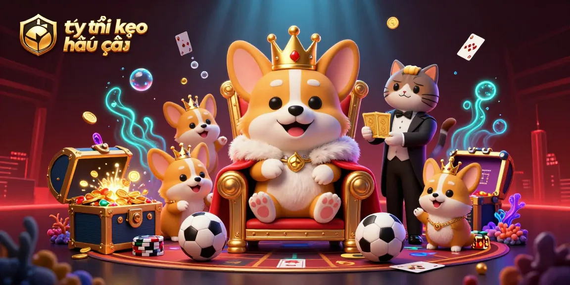 Engaging scene depicting the tỷ lệ kèo nhà cái surrounded by vibrant sports elements and a corgi king.