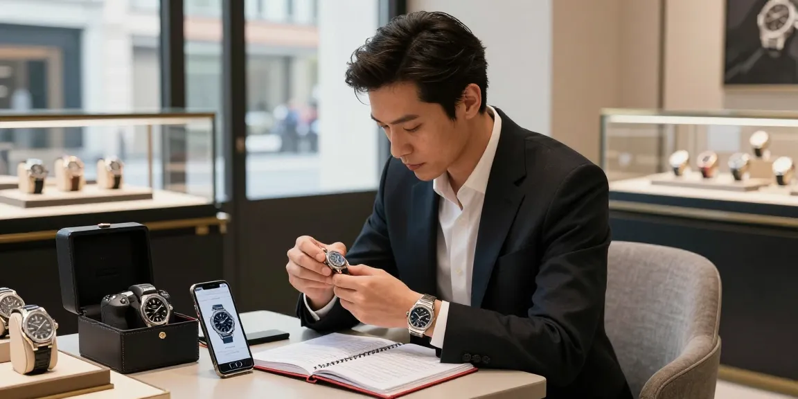 Replica watches showcased in a stylish boutique as a watch enthusiast examines a super clone model.