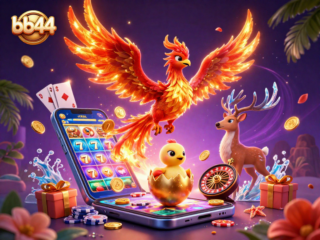 Engage with bb44's vibrant slot games featuring cartoon phoenix characters and casino elements.