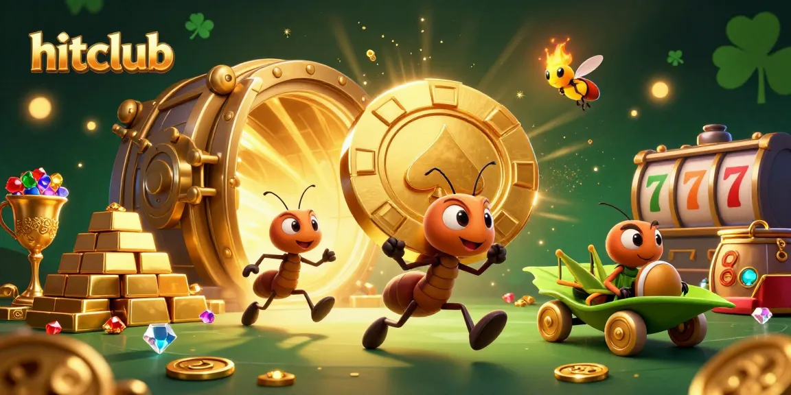 hitclub ants execute a heist with a giant poker chip amidst gold and gems in a vibrant casino scene.