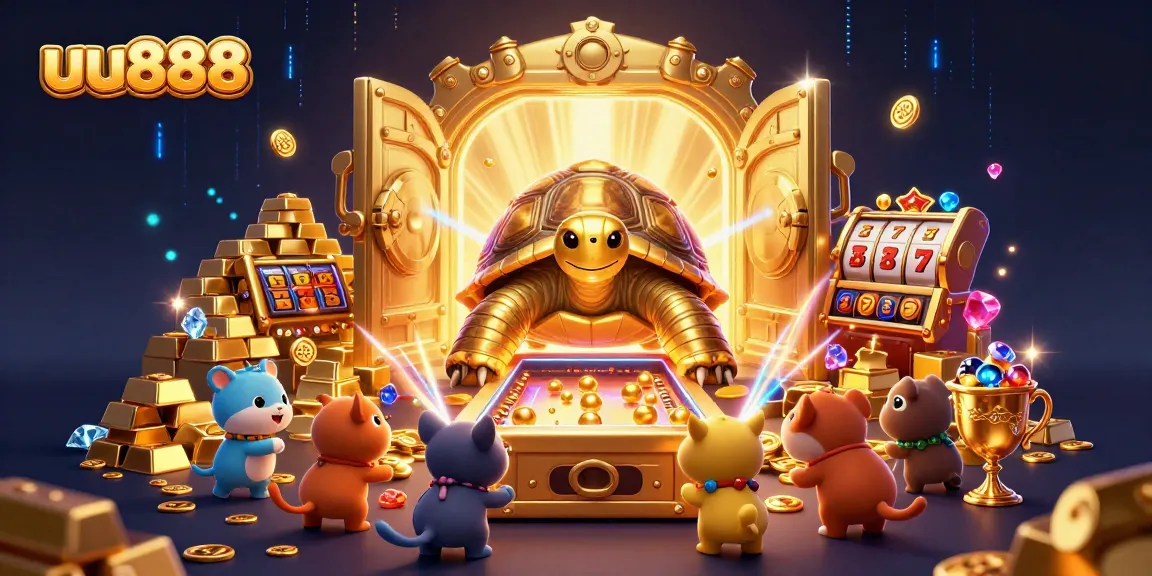 Experience thrilling action at uu888's colossal golden tortoise pinball slot machine surrounded by treasures.