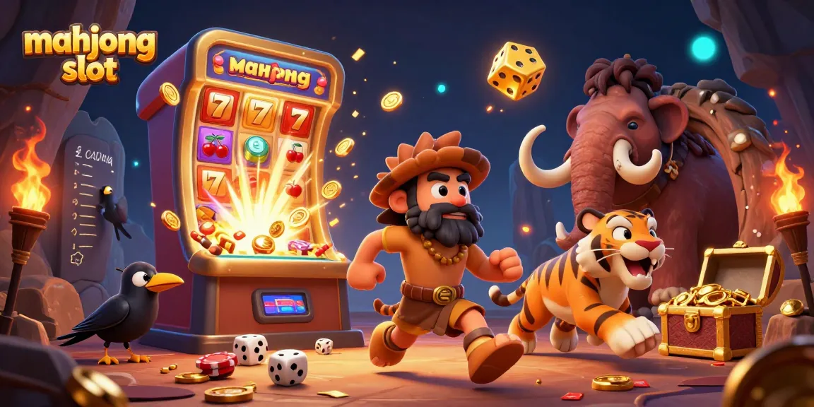 Engage with the exhilarating mahjong slot scene featuring a prehistoric casino with lively characters and exciting game elements.