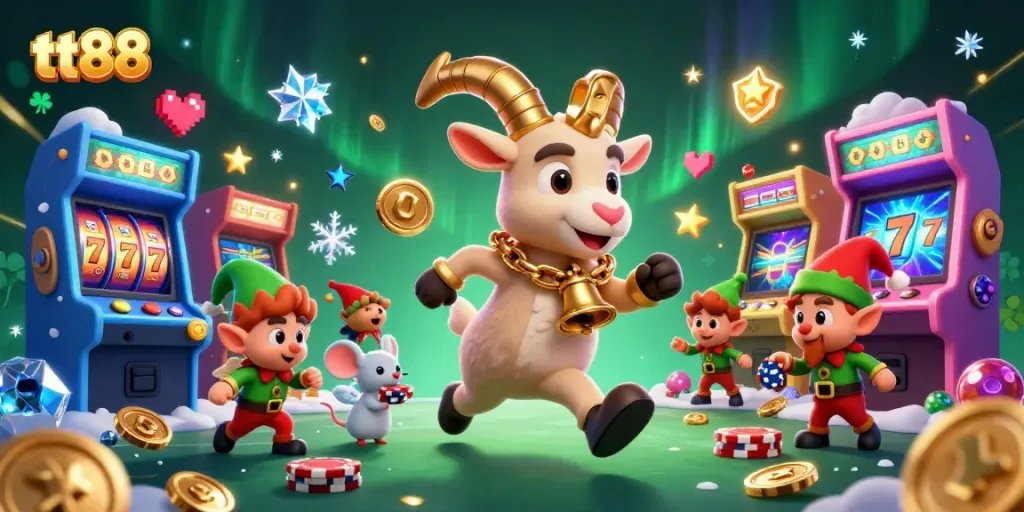 Experience the thrilling slot action at tt88 with festive characters in a vibrant casino scene filled with excitement.