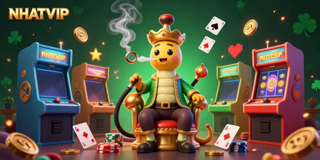 Engage with the immersive NHATVIP gaming experience through a rich 3D illustration capturing animated casino elements.