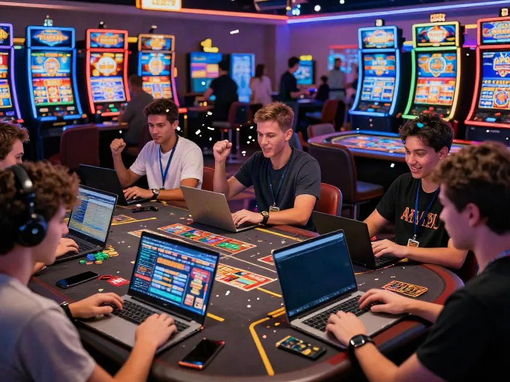 Exciting scene of diverse players at online casinos that accept credit cards, celebrating wins and enjoying games.
