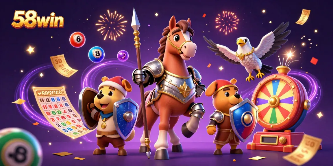 Win exciting prizes with 58win's vibrant casino-themed illustration, featuring lottery elements
