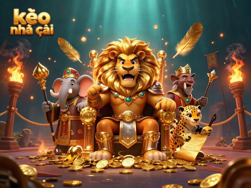 Engage with kèo nhà cái in this dynamic scene featuring a lion king, wise elephant advisor, and cheetah messenger.