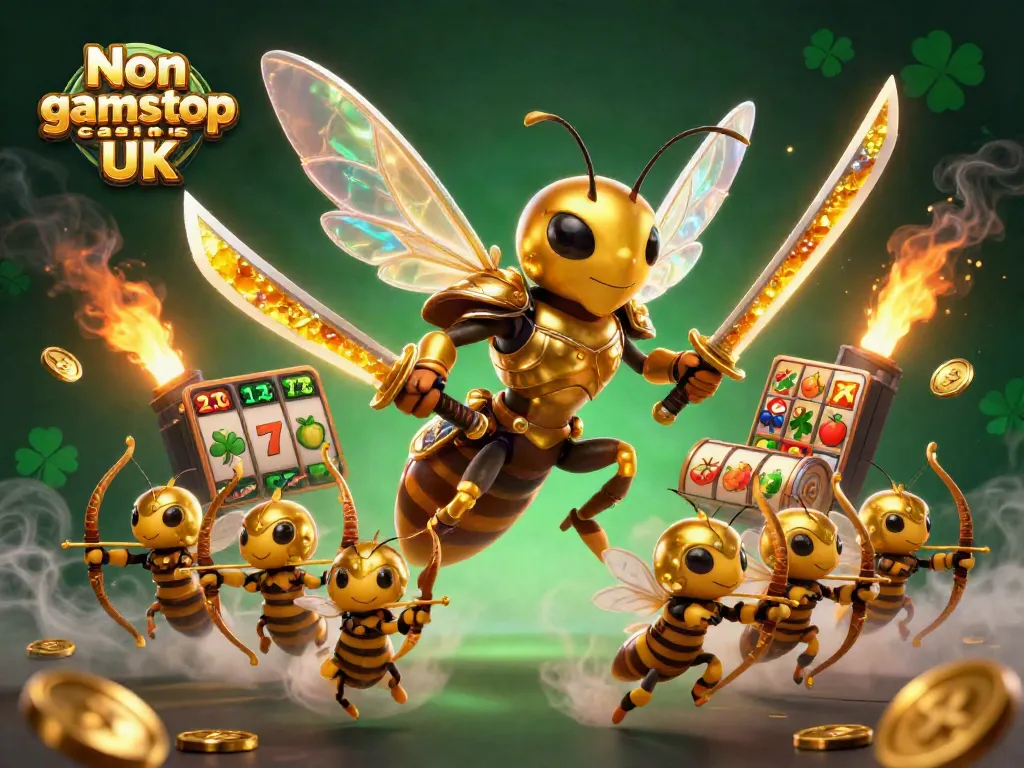 Engaging illustration representing Non gamstop casinos UK with a golden hornet samurai and vibrant gaming elements.