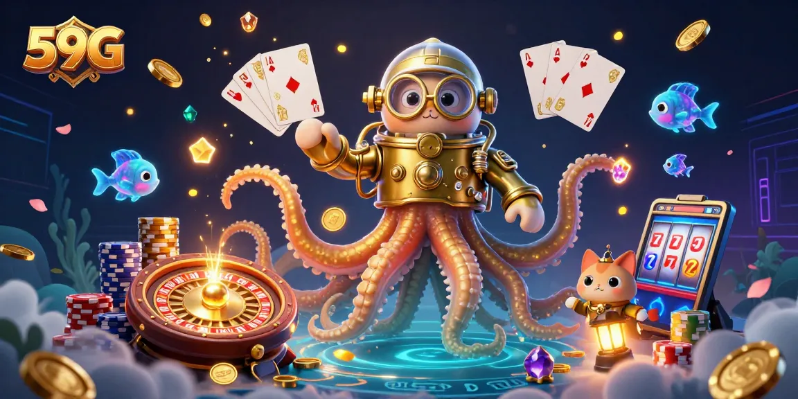Experience the thrill at 59G with vibrant characters amidst cascading treasures and casino elements.