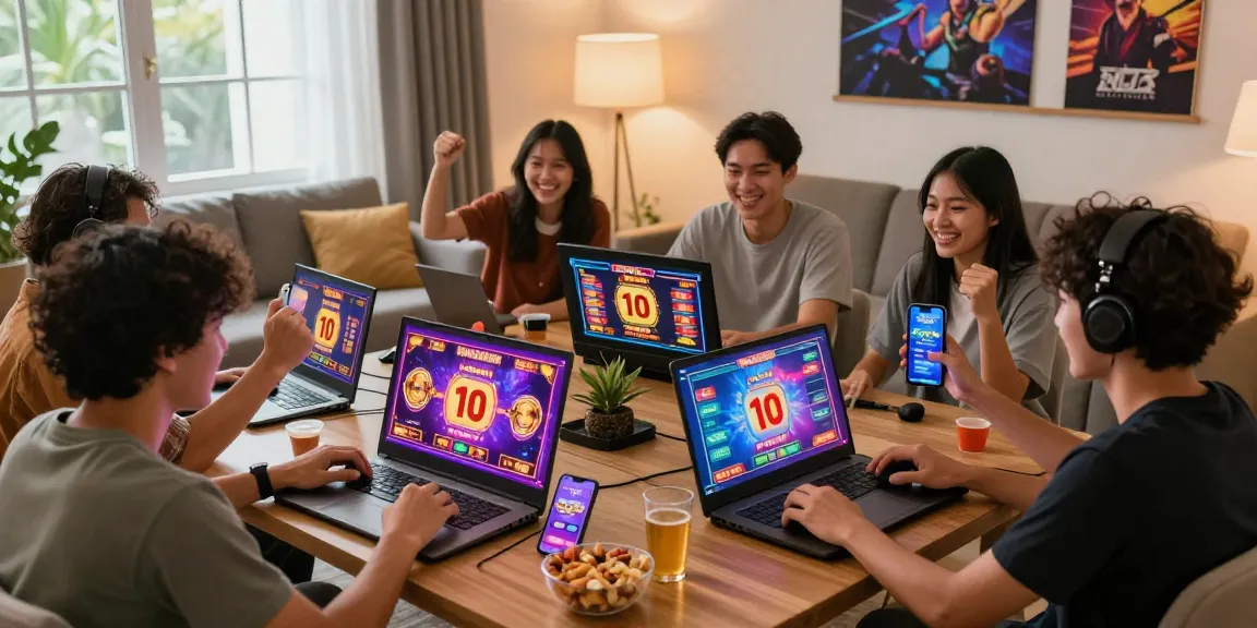 situs slot deposit 10 ribu players enjoying a lively gaming session in a cozy living room with snacks and colorful slot graphics on screens.