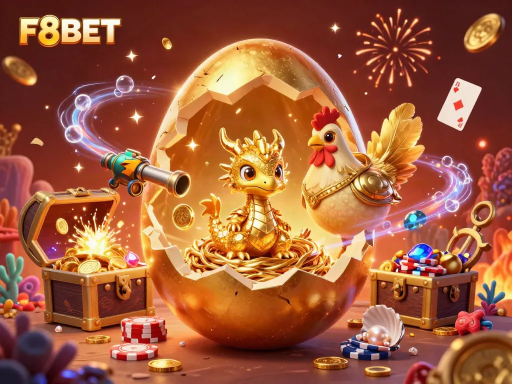 Join the excitement at F8BET with a magical scene of a golden dragon and poker chips in a lively casino atmosphere.
