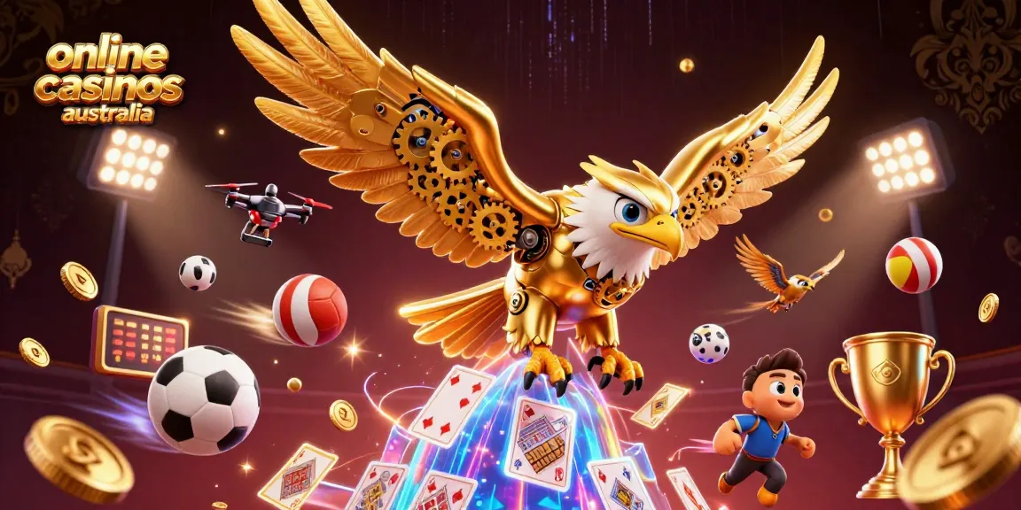 Experience thrilling gameplay with online casinos Australia showcasing a cybernetic eagle diving through holographic cards.