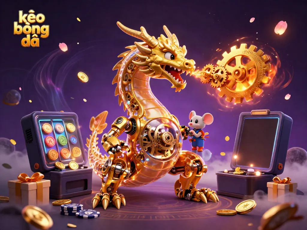 Engaging kèo bóng đá illustration featuring a mechanical dragon and vibrant casino elements.