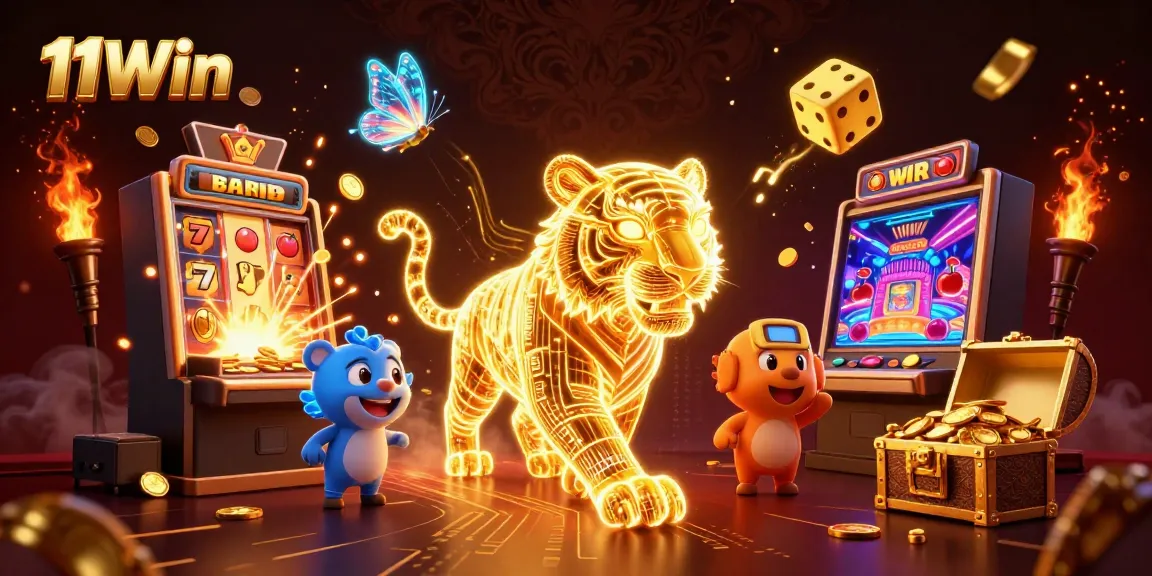 Experience thrilling gameplay with 11Win's vibrant casino illustration featuring a golden light tiger in action.