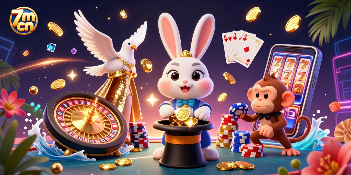 Experience the exhilarating world of 7m cn with a 3D digital illustration featuring a magician rabbit, dove, and monkey amidst cascading coins and poker chips.
