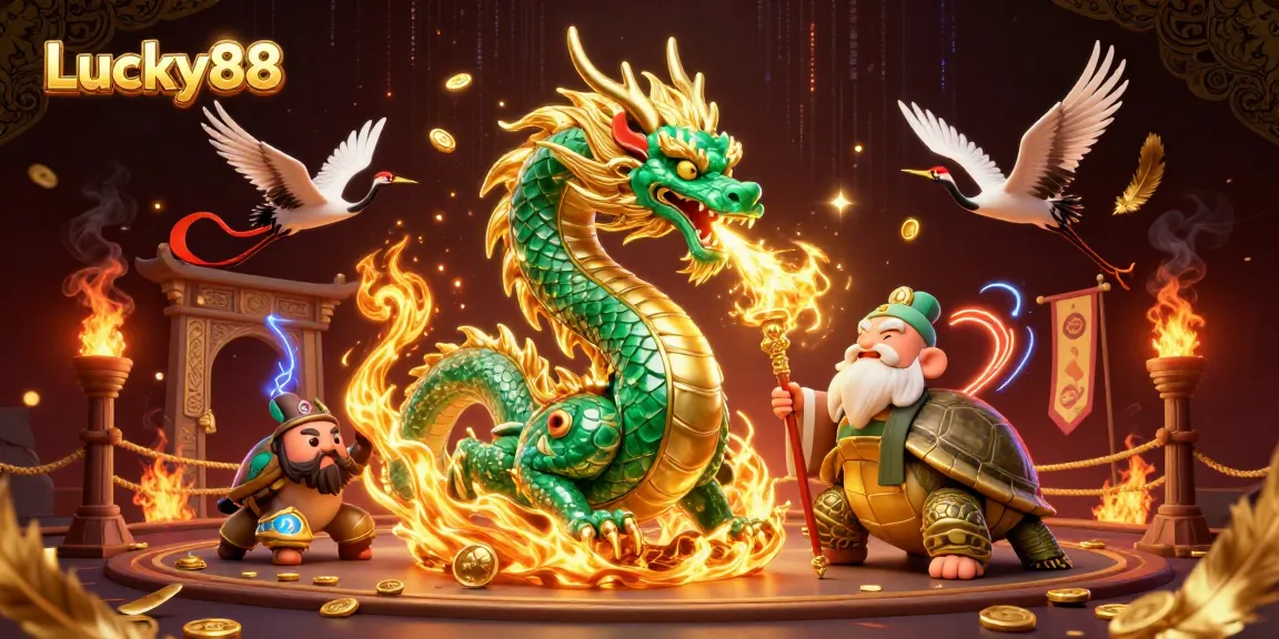 Experience the excitement of Lucky88 with a vibrant scene of a jade dragon and luck symbols.