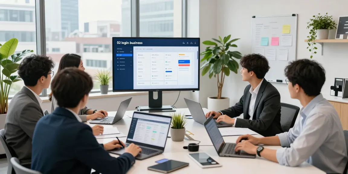 Business team using 02 login business interface in a modern office