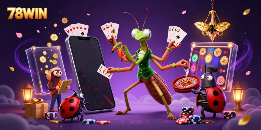 Experience the thrill of gaming at 78WIN with a vibrant 3D casino scene featuring dynamic characters and engaging elements.