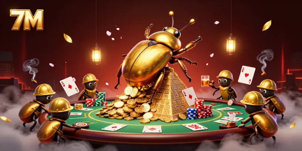 Bet on 7M live scores while a golden beetle rolls a coin-filled ball in this 3D casino scene.