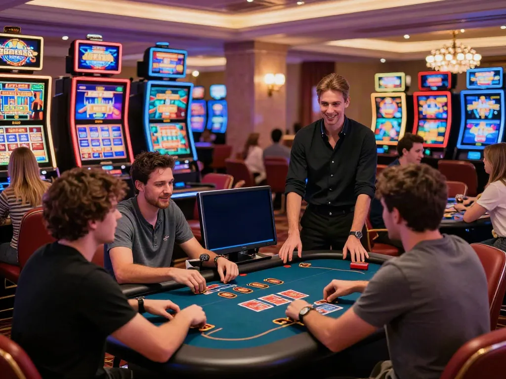 Exciting gaming atmosphere at a non GamStop UK casino with diverse players enjoying various games.