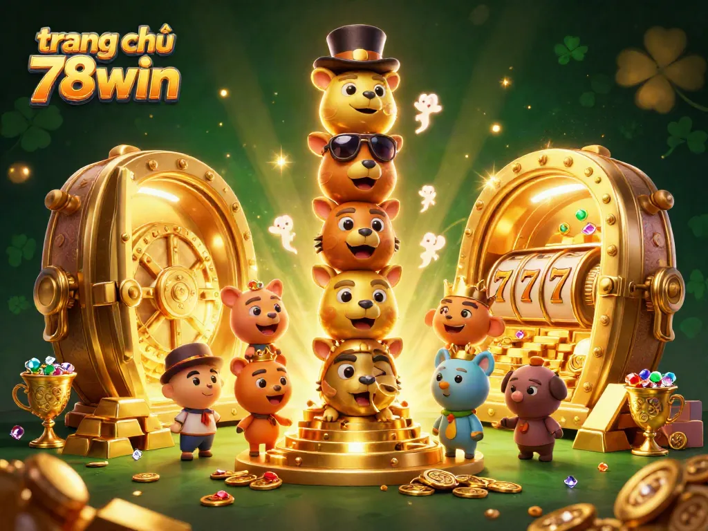 Engage with 78win's exciting casino games featuring vibrant visuals, slot reels, and golden treasures.
