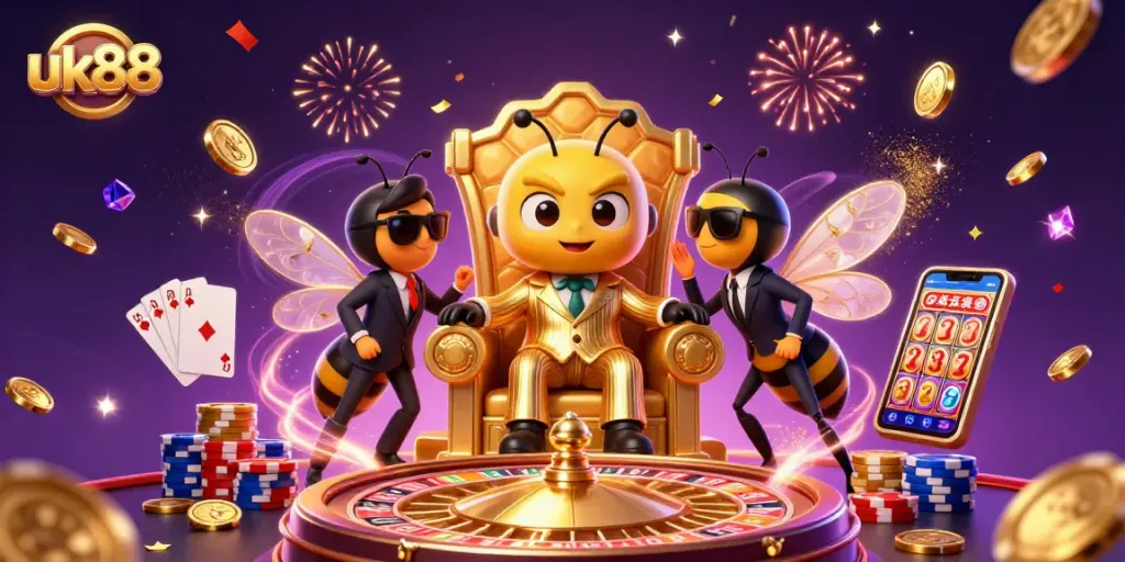 Experience the thrill of gambling at uk88 with a cartoon bumblebee mob boss and vibrant casino elements.