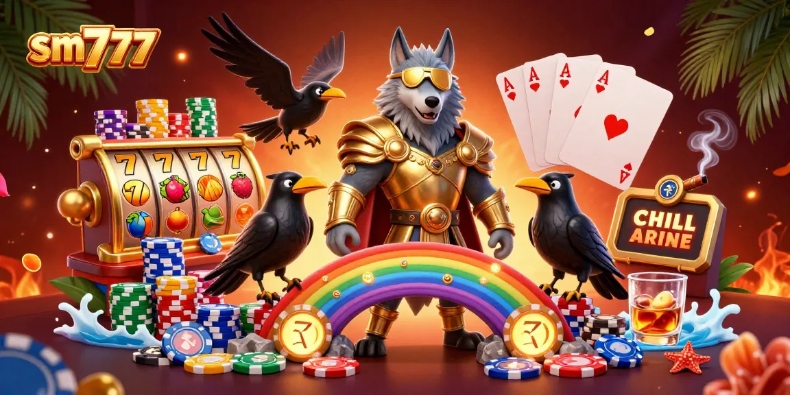 Experience thrilling online gaming with sm777 in a vibrant 3D casino illustration packed with slot machines and action.