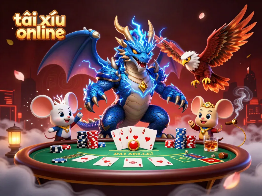 Experience thrilling gameplay of tài xỉu online with vibrant symbols and dynamic characters.