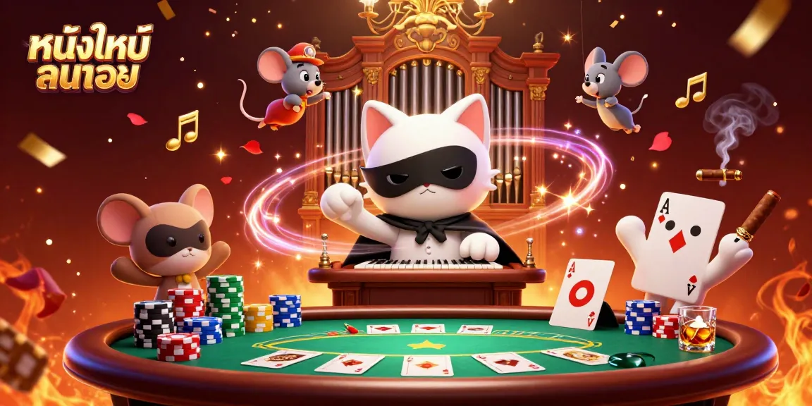 Engaging scene showcasing หนังใหม่ชนโรง with a phantom cat and mouse acrobat in a rich casino setting.