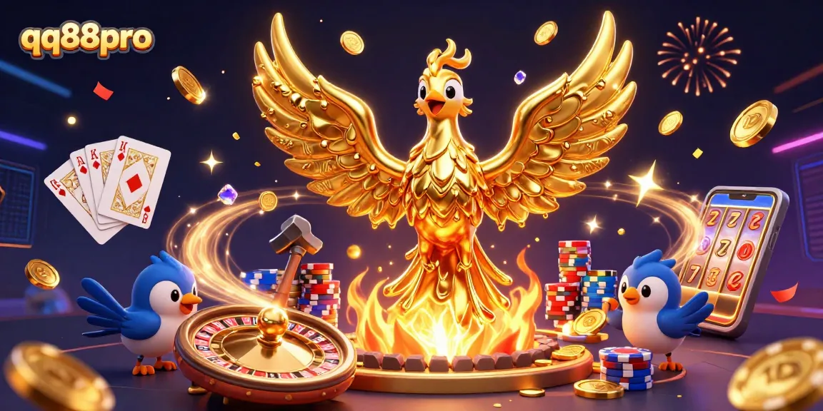 Experience epic wins at qq88pro with a vibrant phoenix and casino icons in a dazzling 3D illustration.