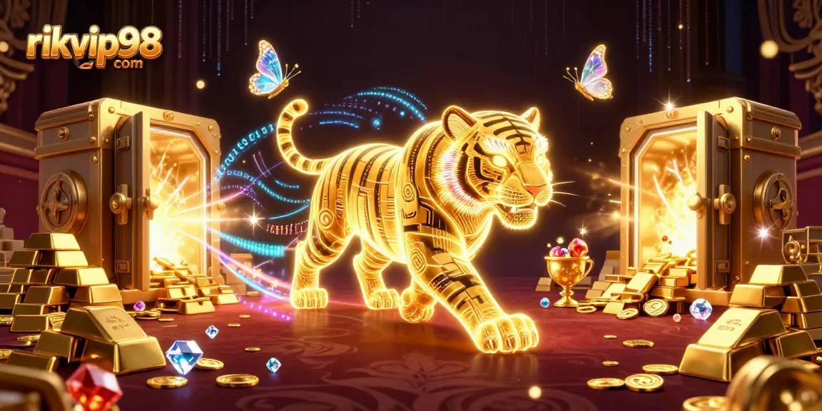 Experience the thrill of rikvip98 com with a dazzling digital casino landscape featuring a golden tiger and treasures.