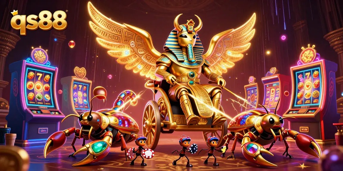 Experience q88's vibrant slot gaming universe with a golden scarab beetle in a dynamic casino scene.
