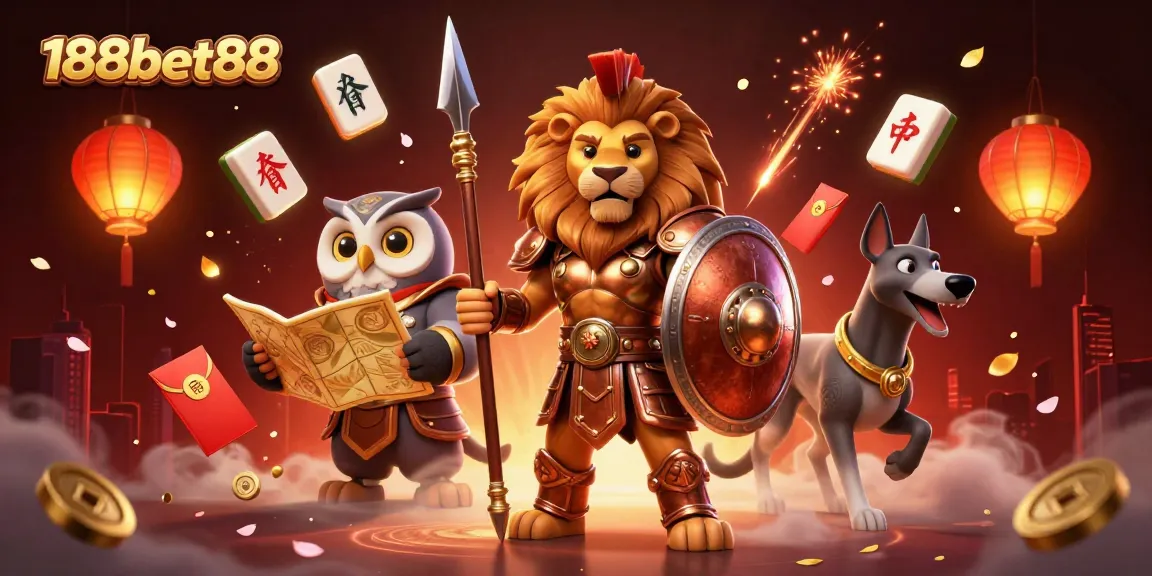 Engage with 188bet88's thrilling casino scene featuring a Spartan lion, wise owl, and swift greyhound amidst dynamic gaming elements.