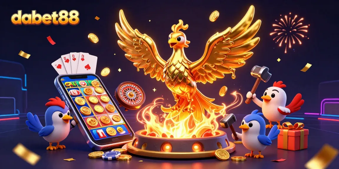DABET88 captivates players with an exciting 3D casino scene featuring a molten phoenix and vibrant slot games.